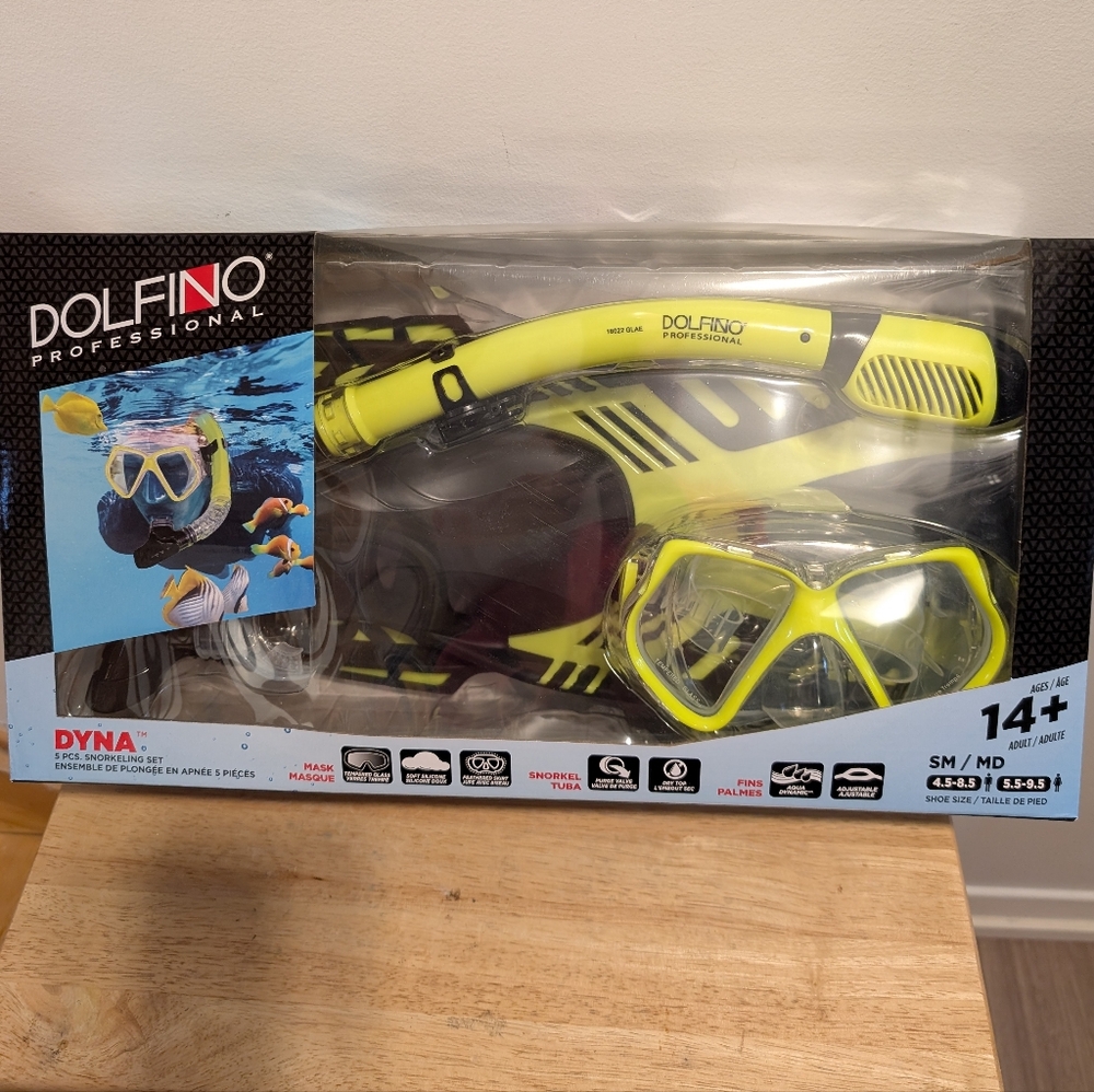 Dolfino Snorkel Set in Yellow Ages 14+ Shoe SM/MD Men 4.5- 8.5 Womens 5.5-9.5 Br
